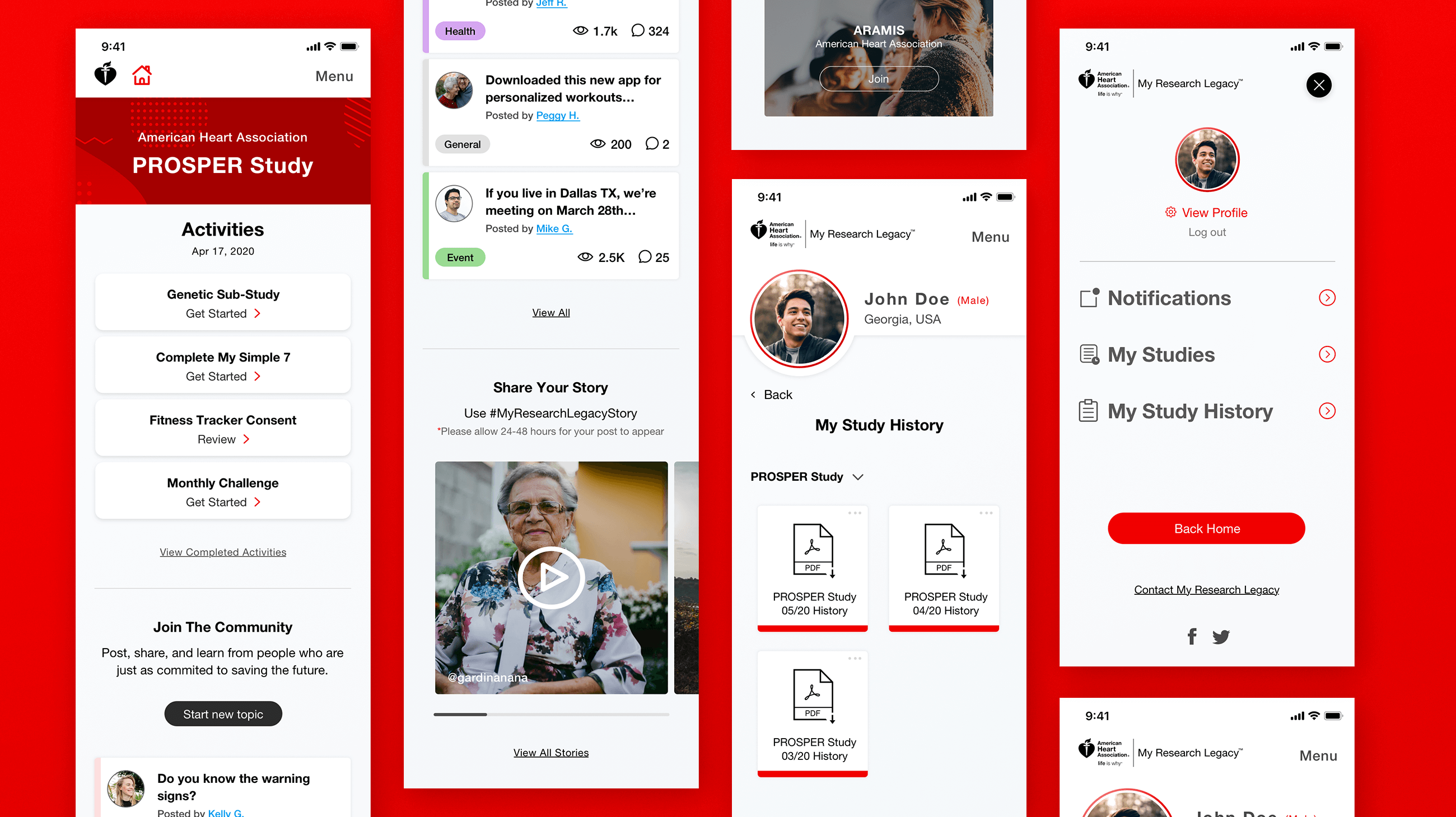 UI/UX of various mobile screen designs for health program dashboard